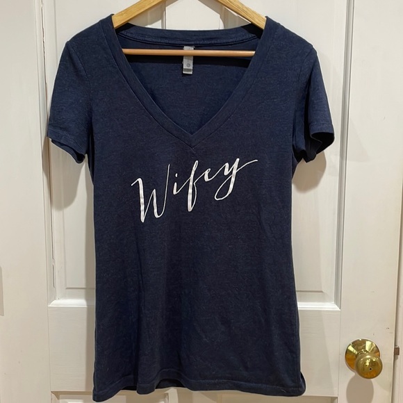 Next Level Apparel | "Wifey" V-Neck T-Shirt; Size Large; Navy Blue - Picture 1 of 7